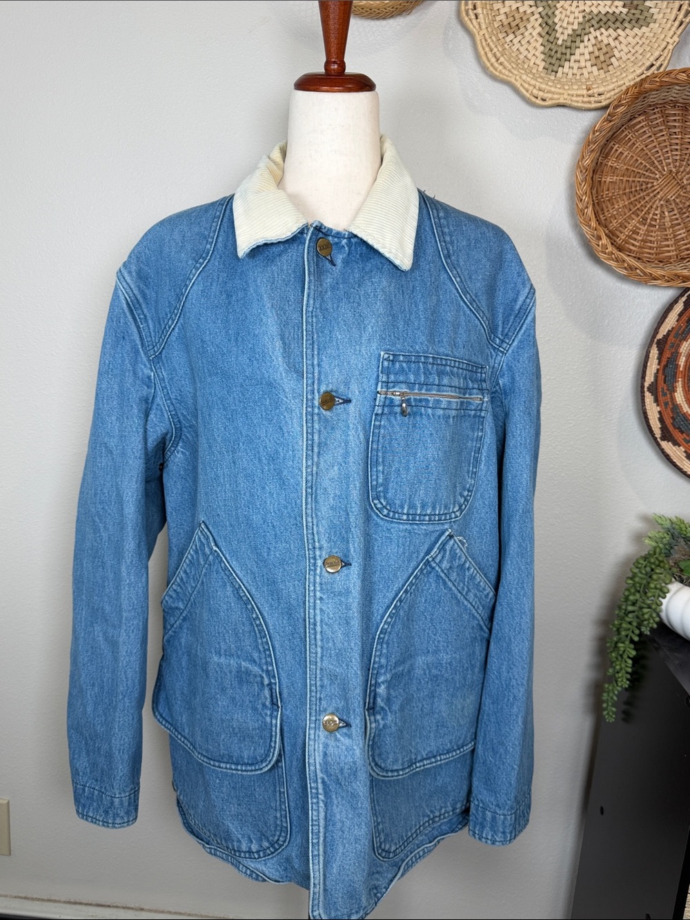 L.L. Bean Denim Chore Barn Coat Jacket Corduroy Collar & Cuffs XL Oversized